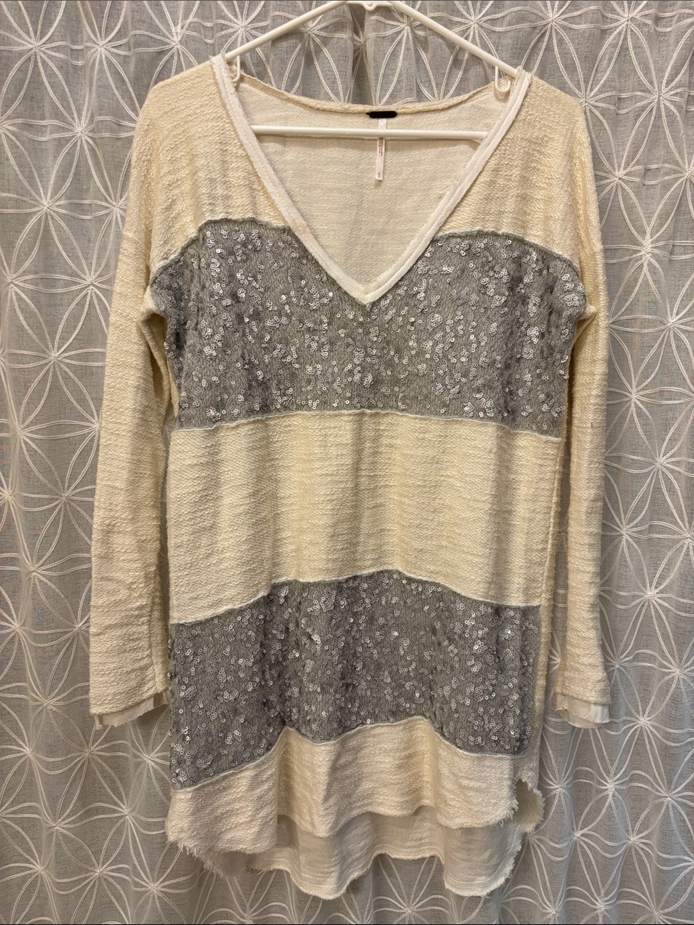 Free People Cream Knit Tunic with Gray Sequin Stripe Panels